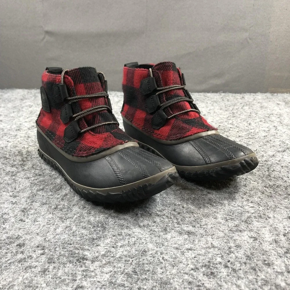 Sorel Boots Womens 8.5 Red Plaid Waterproof Wedge Rain Ankle NL2544-011